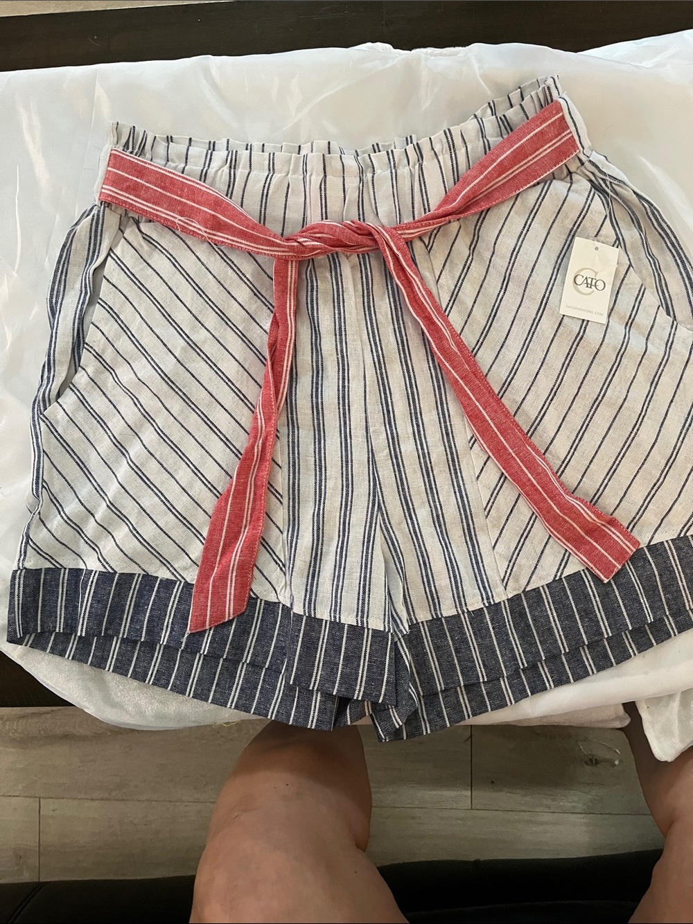 Cato Striped High-Waist Shorts with Red Tie Belt
